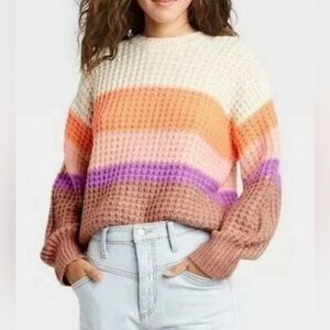 Universal Thread Sweater Size Medium Knit Striped Cream Pink Orange Brown